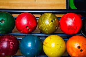 bowling balls on rack